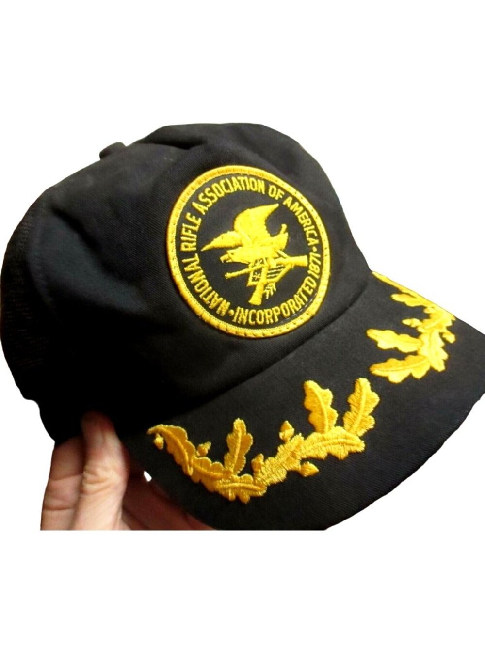 Vintage Snapback Cap NRA National Rifle Association Black Gold Embroidered Mesh